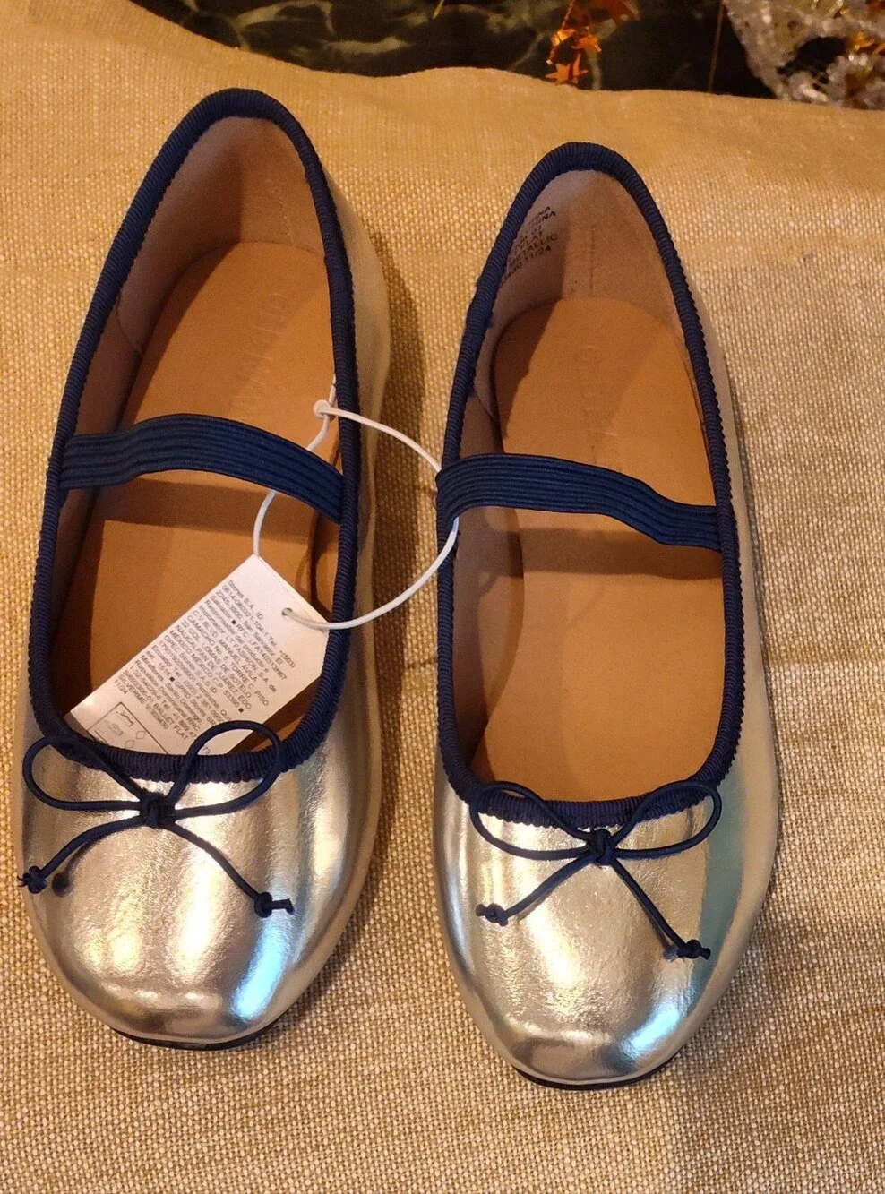 Silver Metallic Ballet Flats with Navy Trim